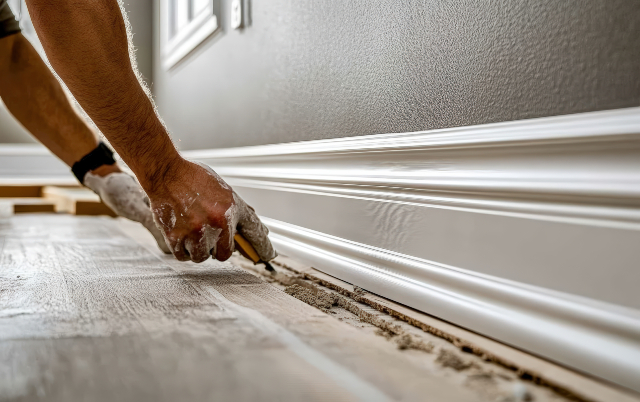 Ein Handwerker bringt eine Sockelleiste an