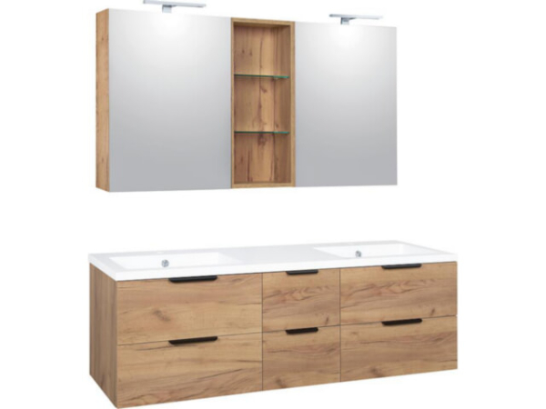 Badmöbel-Set LOSSA mit LED-Spiegelschrank asteiche Cortina 6 Auszüge Breite 1550 mm