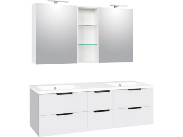 Badmöbel-Set LOSSA mit LED-Spiegelschrank weiß Hochglanz 6 Auszüge Breite 1550 mm