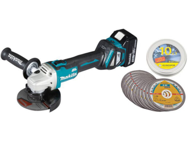 Akku-Winkelschleifer Makita 18 V DGA511RTJ mit 2x 5,0 Ah Akkus und Ladegerät mit Trennscheiben-Set 11-teilig