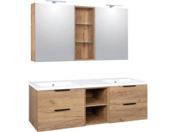 Badmöbel-Set LOSSA mit LED-Spiegelschrank asteiche Cortina 4 Auszüge + 2 offene Regale Breite 1550 mm