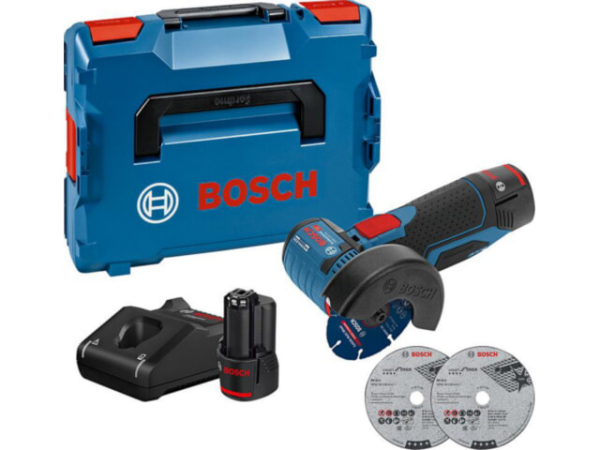 Aktions-Set Akku-Set Bosch 2-teilig, bestehend aus Akku-Winkelschleifer GWS 12V76 und Trenn- und Schleifscheiben-Set