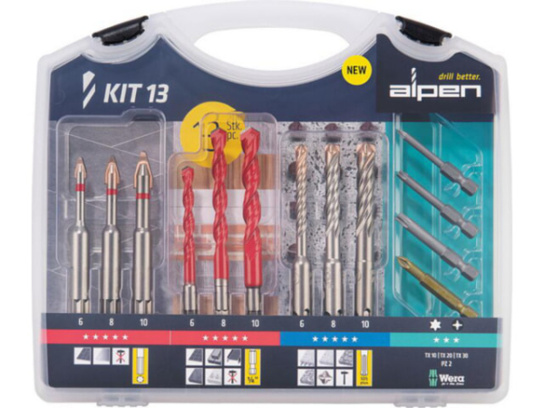 Bohr-Bitset Alpen, 13-teilig, 9 Bohrer und 4 Bits