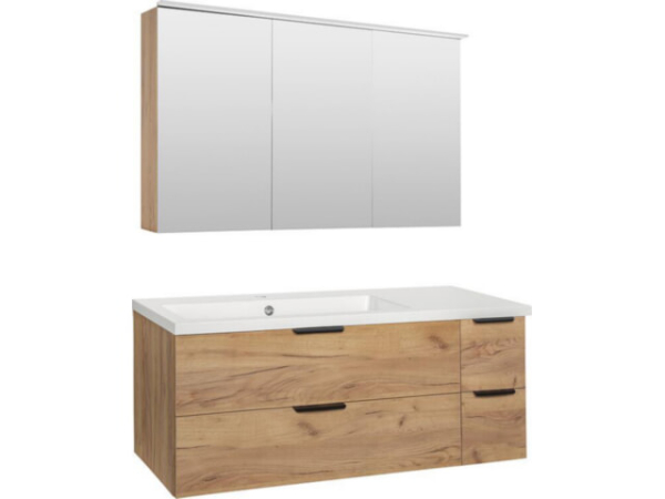 Badmöbel-Set LOSSA mit LED-Spiegelschrank asteiche Cortina 4 Auszüge Breite 1210 mm