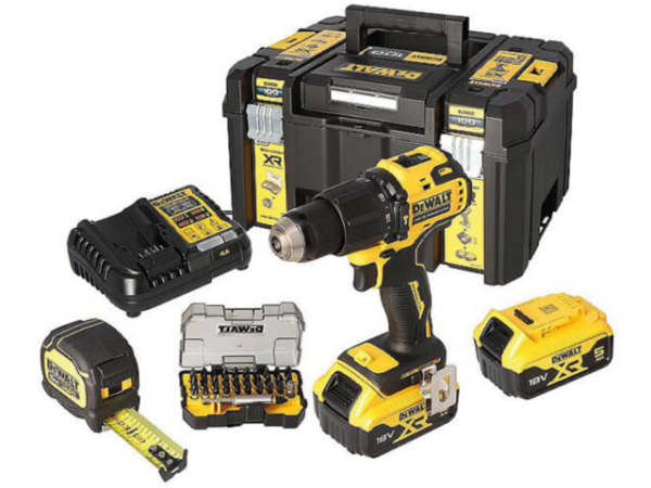 Akku-Schlagbohrschrauber-Set DeWALT DCZ100P2KT-QW, 18 V 2x 5,0 Ah Akkus und Ladegerät, Bit-Set, Maßband