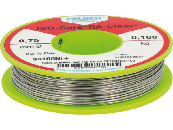 Elektronik-Lötdraht, ISO-Core 'RA-Clear', Sn100Ni+, 2,2 % Flussmittelanteil, 0,75 mm, 0,100 kg