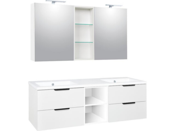 Badmöbel-Set LOSSA mit LED-Spiegelschrank weiß matt 4 Auszüge + 2 offene Regale Breite 1550 mm