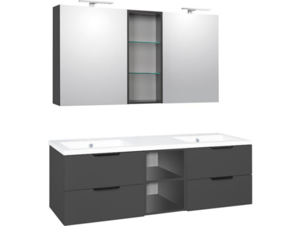 Badmöbel-Set LOSSA mit LED-Spiegelschrank anthrazit matt 4 Auszüge + 2 offene Regale Breite 1550 mm